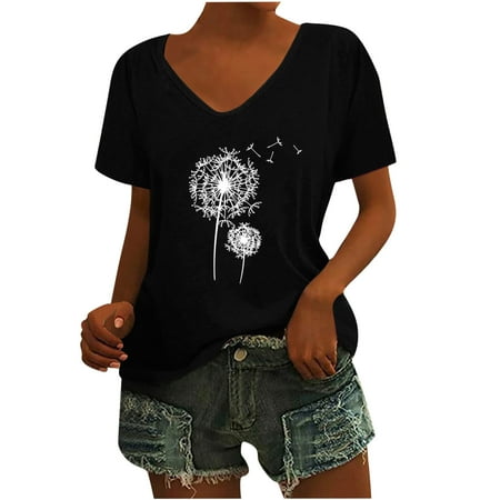 

Women Fashion Casual Printing Shirts Short Sleeve Loose Plus Size Tee Tops V-neck Blouse Basic Tees for Women Black L