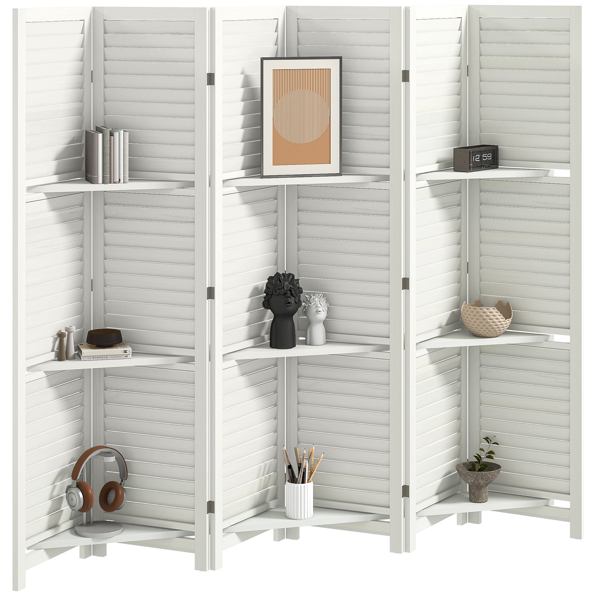 HOMCOM 6 Panel 67" Tall Wood Privacy Screen Room Divider with 3 Display Shelves, and Folding Storage for Bedroom or Home Office, White