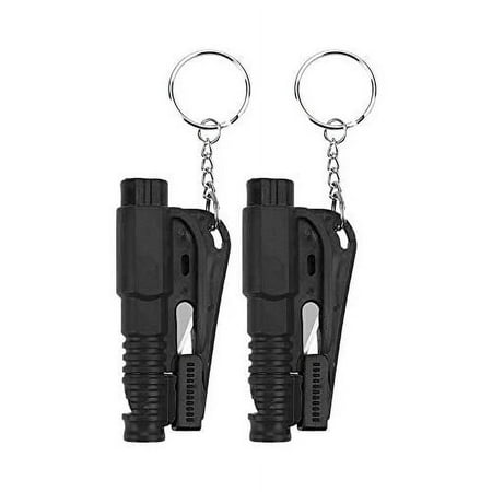 2 Pack Keychain Car Escape Glass Breaker Window Punch Hammer Tool with Integrated Emergency Whistle & Seatbelt Cutter Black