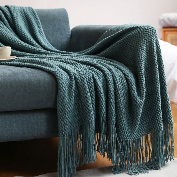 Acrylic Knitted Blanket, Lightweight and Soft Cozy Decorative Woven Blanket with Fringes for Travel, Sofa, Bed, Couch, 130x170 cm