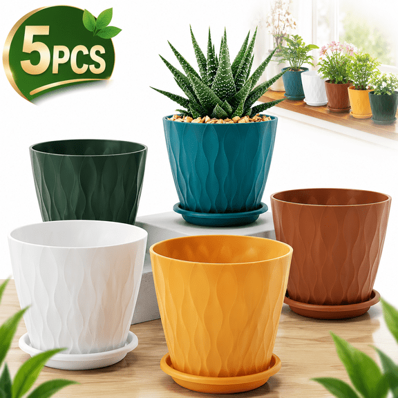 Genreen 6 inch Plant Pots, 5 Pack Flower Pots Outdoor Indoor, Planters with Drainage Holes and Tray Saucers