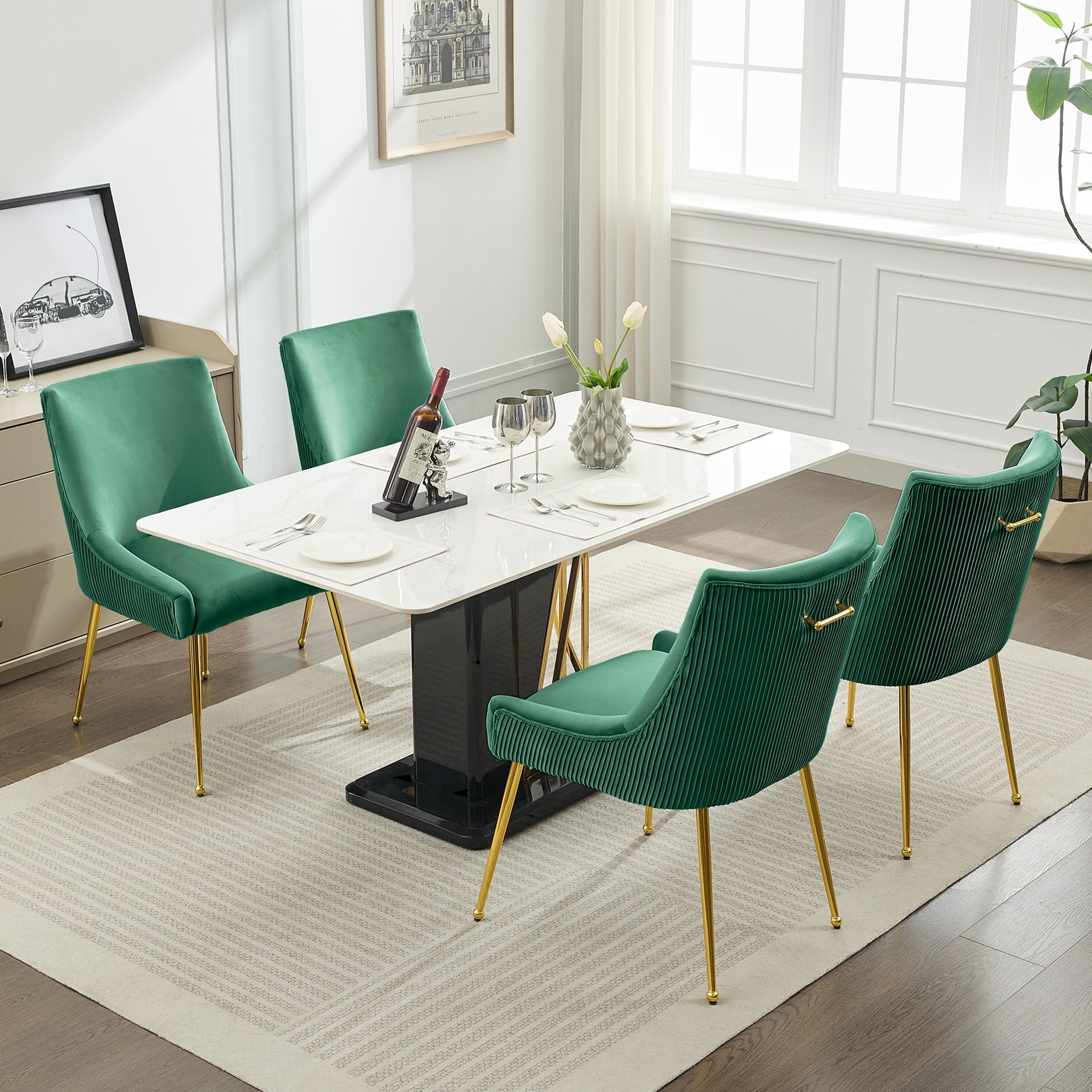 Velvet Dining Chairs Set of 6 with Gold Legs, Upholstered Accent Chairs, Pleated Back & Gold Pull Handle, Mid-Century Modern for Dining Room, Kitchen, Living Room, Green