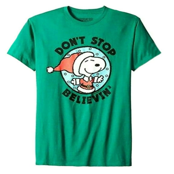 Peanuts Snoopy Don't Stop Believin' Green Christmas Men's Holiday T-Shirt (Small)