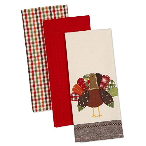 DII Serviettes de Cuisine en Coton pour l'Action de Grâce, 18x28 Pouces Ensemble de 3, Serviettes de Cuisine Décoratives Brodées Surdimensionnées, Cadeau Parfait pour la Maison et la Cuisine-Turkey