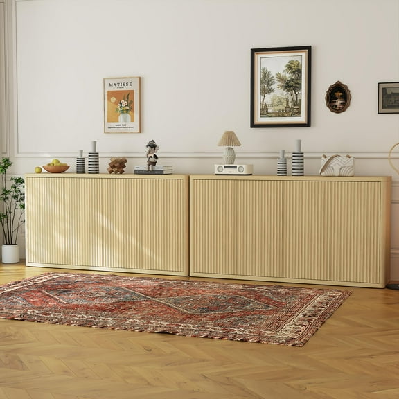 Danolapsi 66inch Sideboard Buffet Cabinet, Kitchen Modern Fluted Cupboard Coffee Bar Console Table Credenza Storage Cabinet with Adjustable Shelves for Living Room Hallway, 4 Doors
