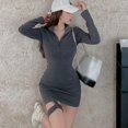 thumbnail image 2 of Spring Women Fashion Solid Color Stand Neck Sexy Tight Leg Loops Long-sleeved Dress, 2 of 7