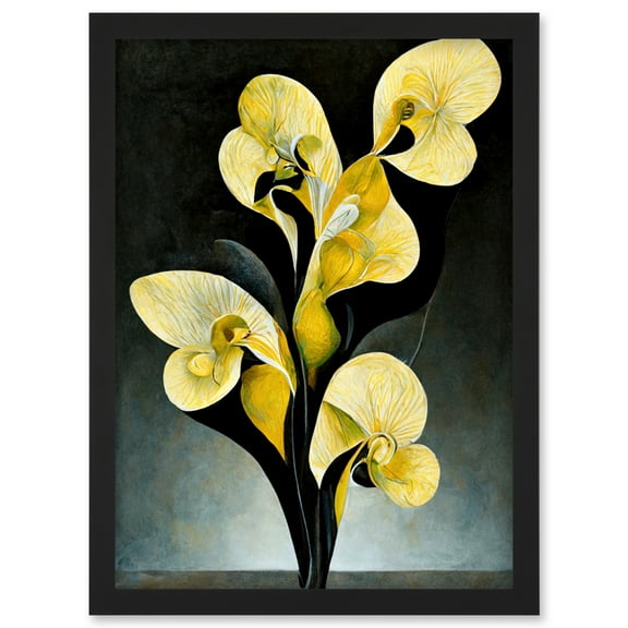 Modern Abstract Black Yellow Orchid Flower Artwork Framed Wall Art Print A4