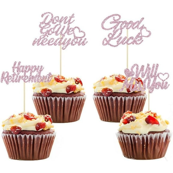 12pcs Pink Glitter Happy Retirement Cupcake Toppers Don't Go We Need You Will Miss You Cupcake Picks Retirement Theme Going Away Good Luck Party Cake Decorations
