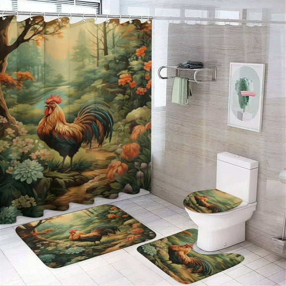 Rooster Vintage Barn Colorful Flowers 4 Piece Shower Curtain Sets, Non-Slip Rugs, Toilet Lid Cover And Bath Mat, for Bathroom Decor Set, 72" X 72"