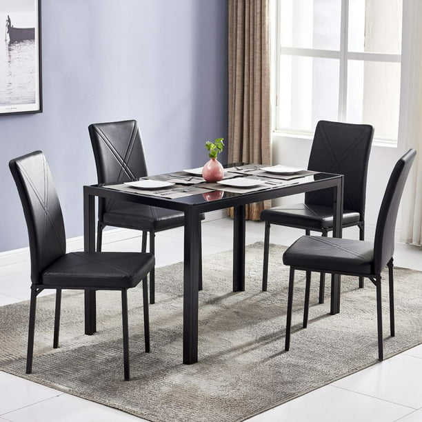 Ktaxon 5 Pieces Modern Glass Dining, Leather Table Chairs