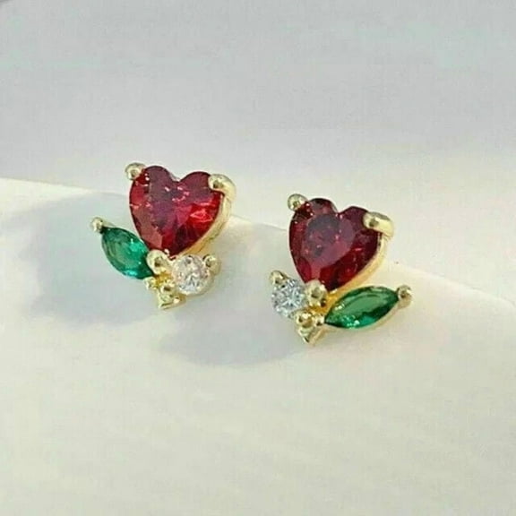 Gorgeous Women's Heart Cut Red Ruby Stud Earring 14K Yellow Gold Plated Silver