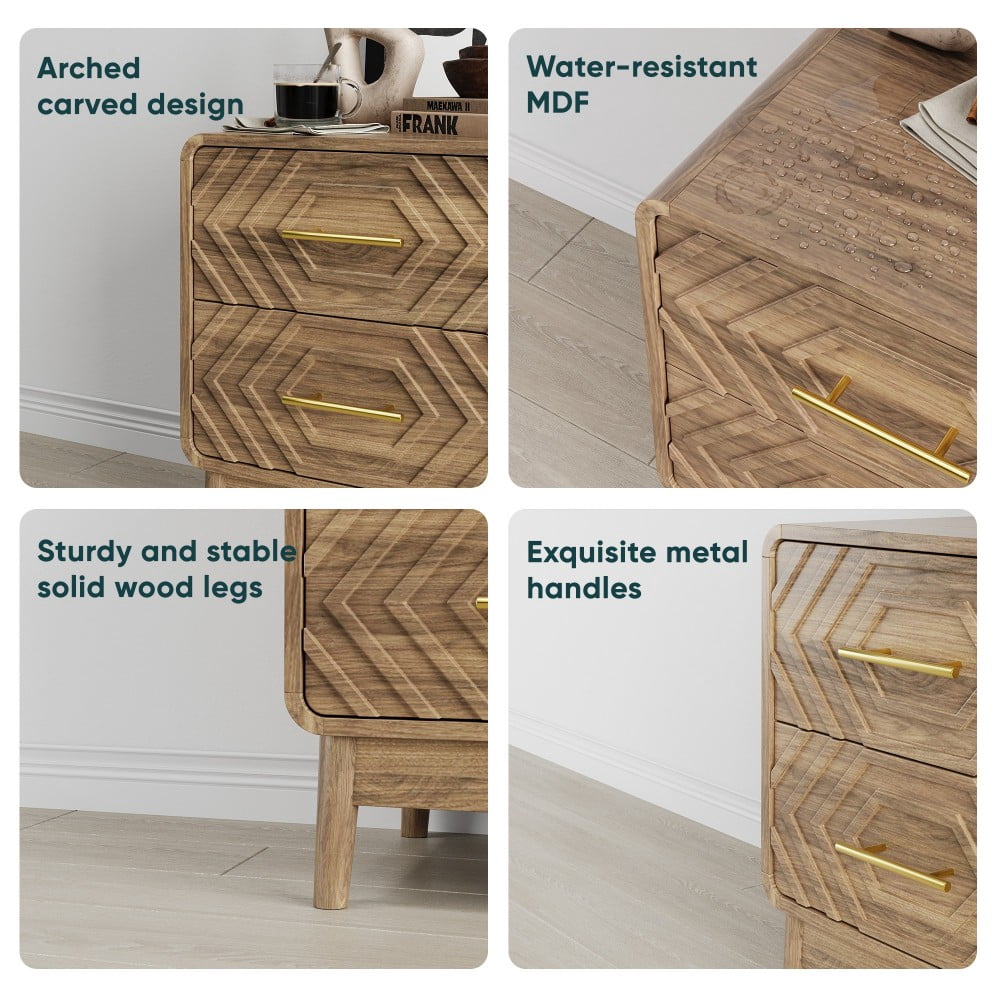 Walnut Nightstand with 2 Drawers, Wood Grain Bedside Table with Solid Wood Legs & Gold Metal Handles, Rounded Corner End Table for Bedroom
