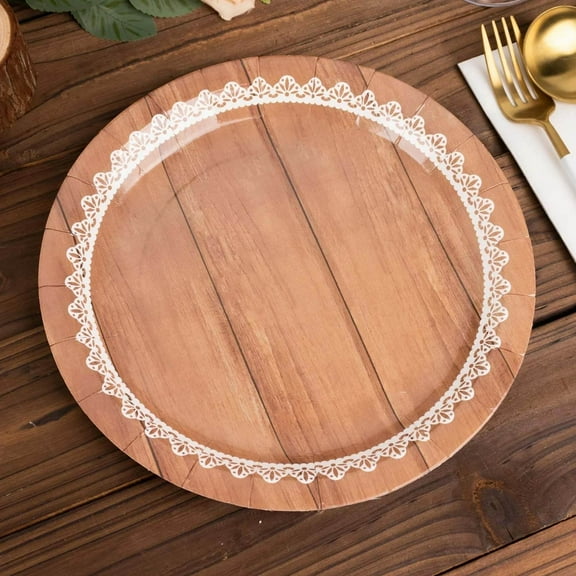 Efavormart 25 Pack White Brown Wood Grain Print Paper Dinner Plates With Floral Lace Rim, Round Disposable Party Plates - 9"