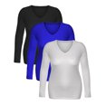 thumbnail image 3 of Essential Basic Women's Junior Size Vneck Tshirt Long Sleeves Shirt Tee, Large, 3Pk Black, Royal, White, 3 of 5