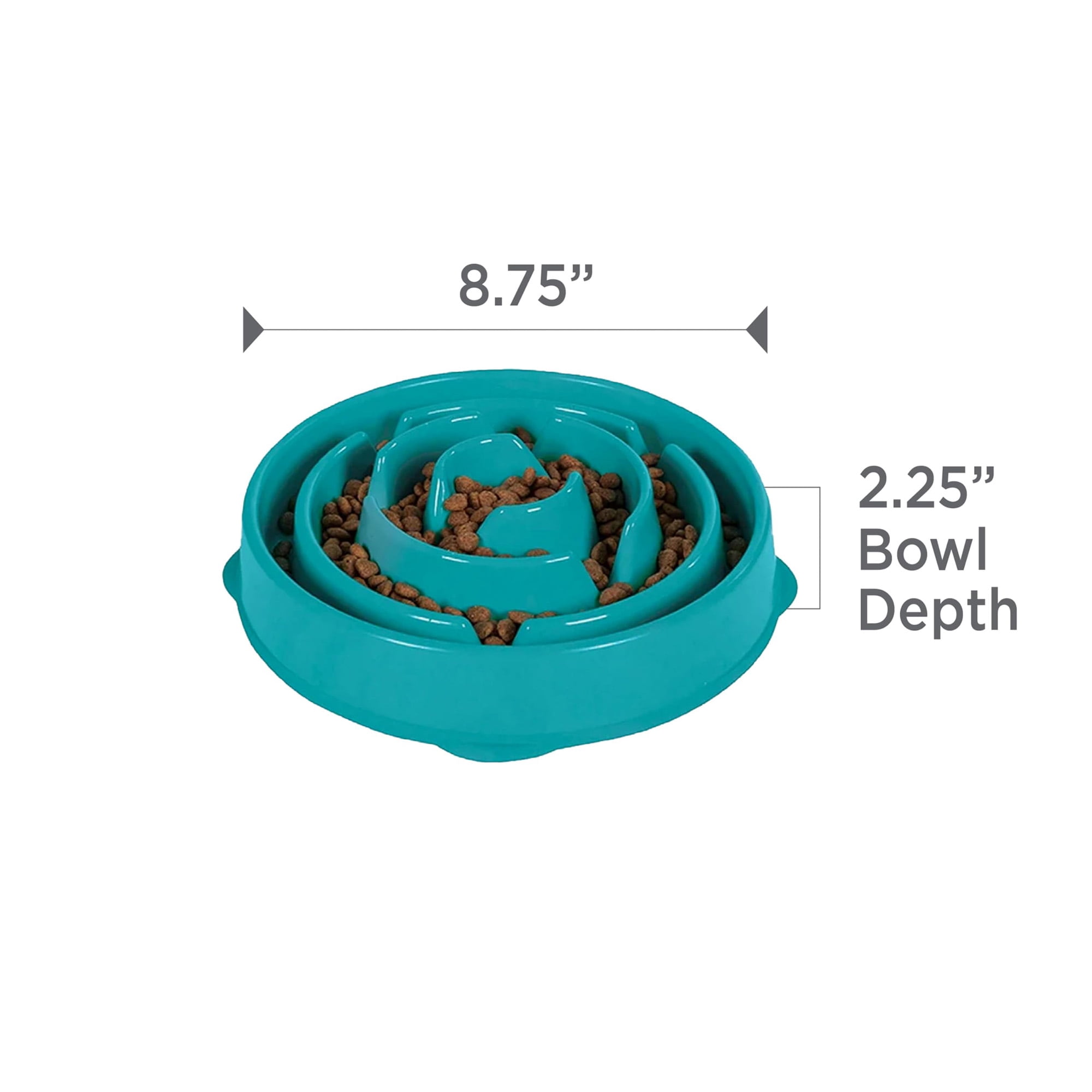 Slow feed bowl, 2 cups, for small/medium pets. Non-slip maze design slows eating, aids digestion, prevents bloating. Turquoise/green pattern.