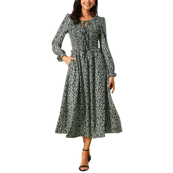 INSPIRE CHIC Women's Dress Leopard Print Long Sleeve Ruffle Tie V Neck Smoked Flowy Midi Cheetah Dresses with Pockets S Black