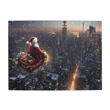 500 PCS Santa Claus Above The City Jigsaw Puzzles 500 Pieces Funny Artwork For Adults Unique And Beautiful Design Modern Art Christmas Wooden Puzzle 500 Piece Gift Suitable Family Friends