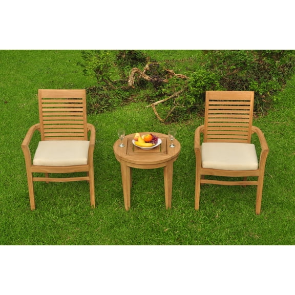 Grade-A Teak Dining Set: 2 Seater 3 Pc: Noida Round Side Table And 2 Mas Stacking Arm Chairs Outdoor Patio WholesaleTeak #WMDSWVm