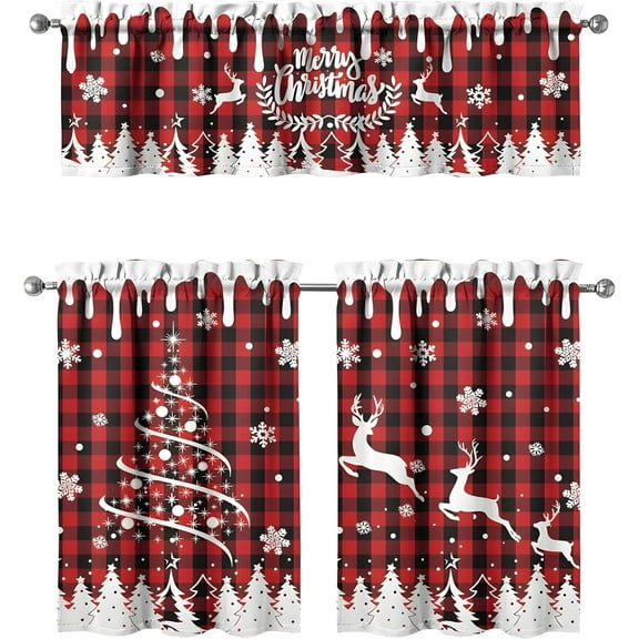Merry Christmas Kitchen Curtains Set of 3 for Windows, Christmas Tree and Reindeer Kitchen Curtains 3 Piece Decor. Suitable for Home Farmhouse Style,Gift for Christmas Holiday.