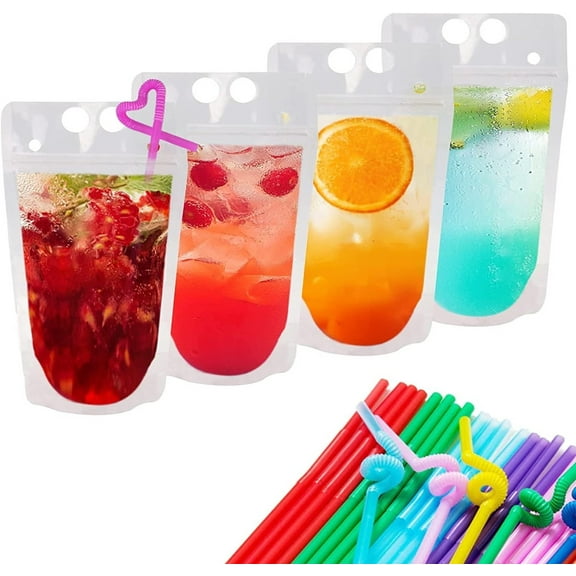 Drink Pouches for Adults 40 Pcs,Thick Frosted Self-Standing Bag,Reusable Clear Juice Pouches,Hand-Held Bags with Straws,Smoothie Heavy Duty Drink Bags for Cold Hot Drinks (Clear)