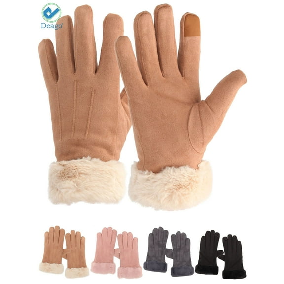 Deago 2 Pairs Womens Touch Screen Phone Fleece Windproof Gloves Winter Warm Wear (khaki)