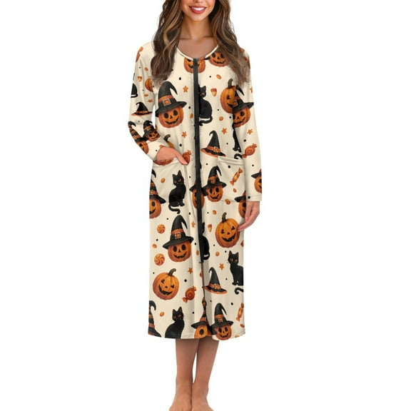 Yuyamidu Pumpkin Womens Robes Lightweight Zipper Front Long Bathrobe Black Cat Long Sleeve Robe Loose Loungewear Dress Halloween Casual Sleepwear Gowns Size S