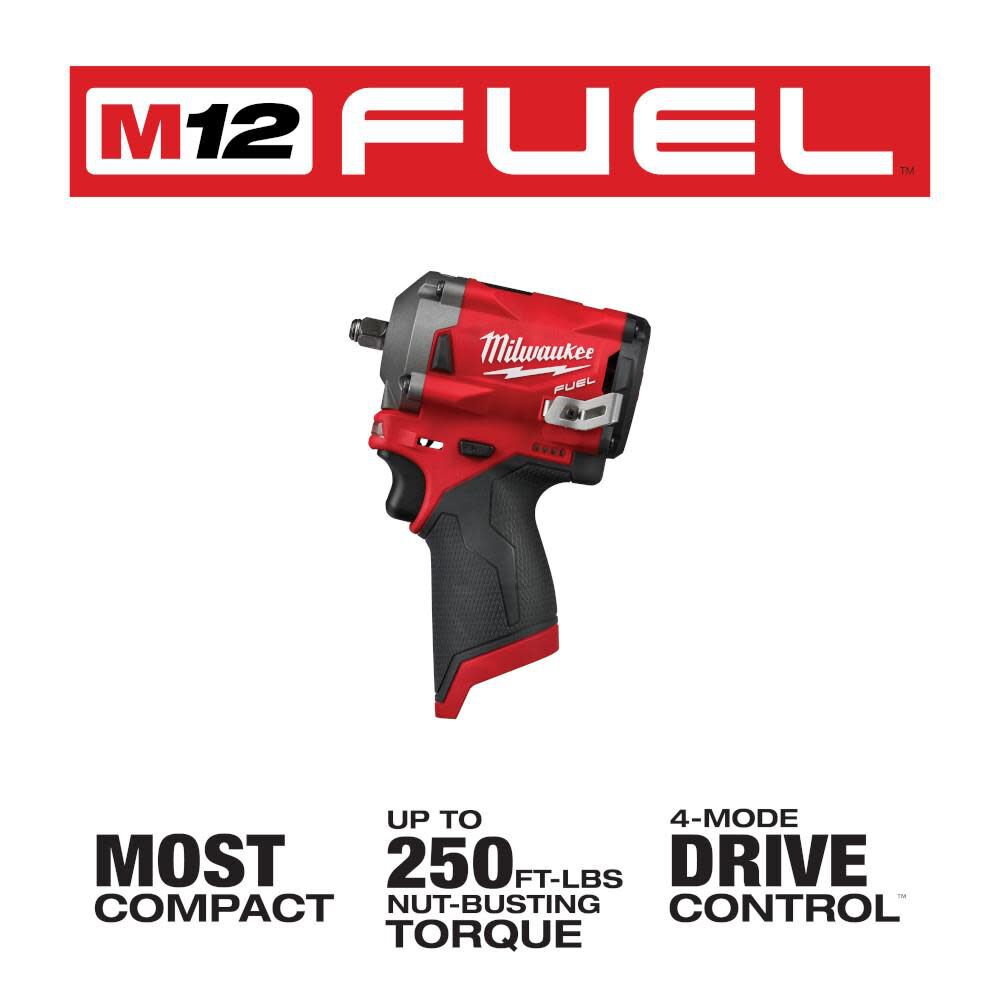 Milwaukee M12 FUEL 12V Lithium-Ion Brushless Cordless Stubby 3/8 in. Impact  Wrench (Tool-Only) Mazepoly Tape Measure
