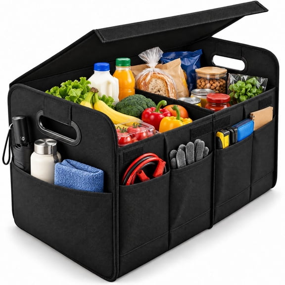 PHANCIR Car Trunk Organizer with Lid, 22.64 Inch Large Foldable Oxford Fabric Storage Box, Water-Resistant, Removable Bottom Panel, Black