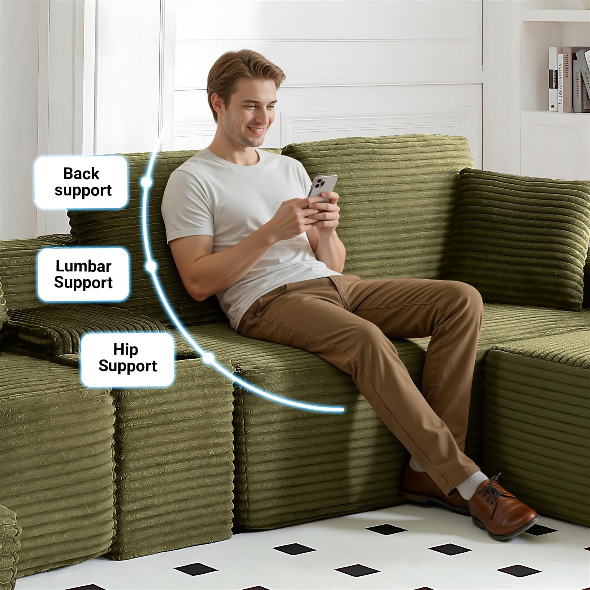 Aukfa 111" Cloud Sectional Sofa Deep Seat Boneless Couch with USB&Cupholdes Storage Console, Modular L-Shaped Couch for Living Room, Corduroy, Green