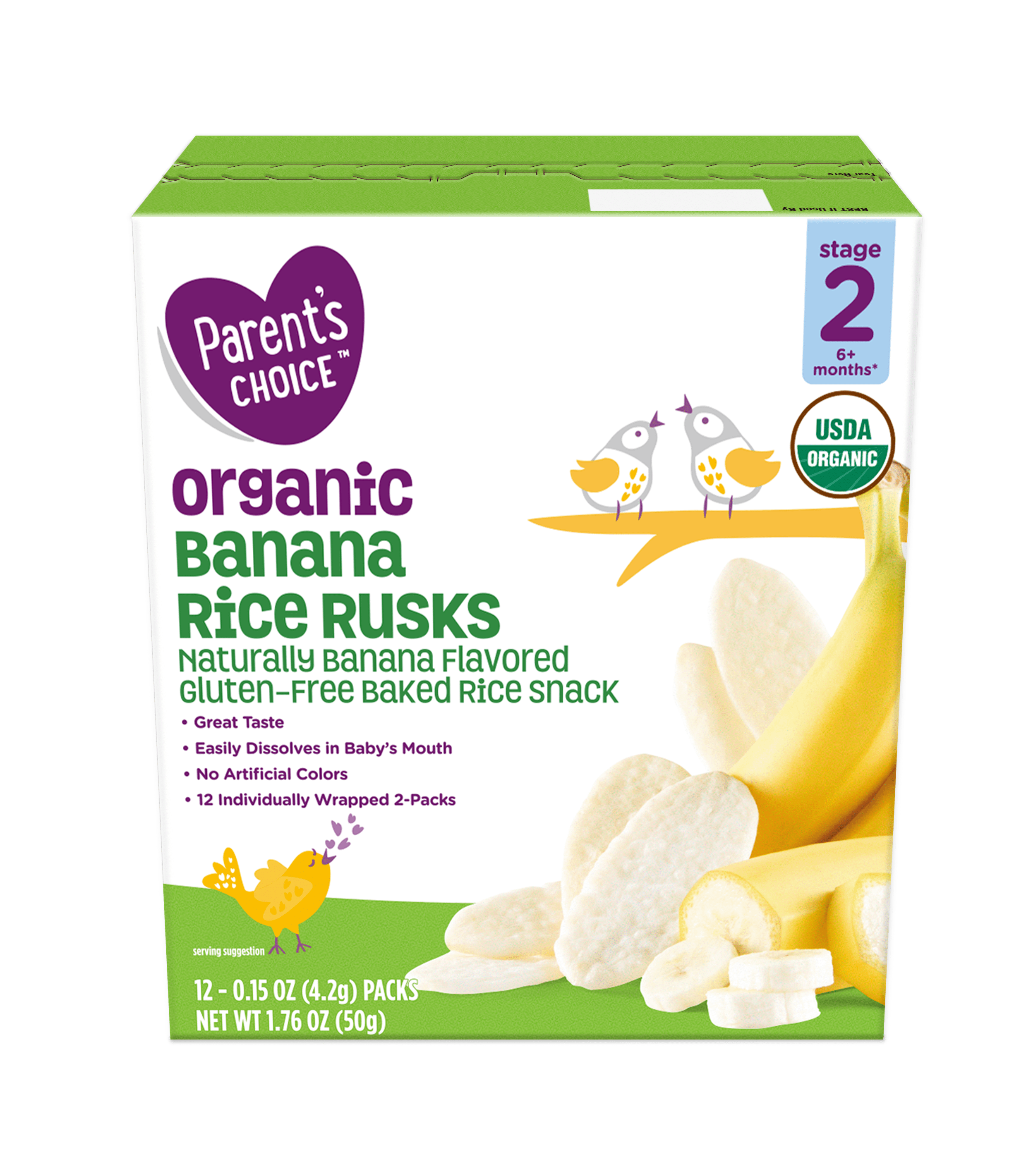 (4 pack) Parent's Choice 2nd Stage Banana Baked Rice Snack Rice Rusks 6+ Months, 1.76 oz
