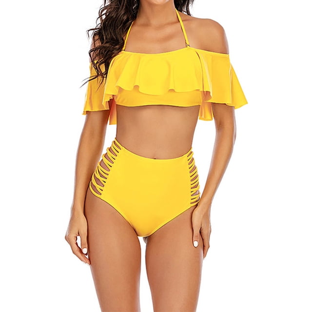 Acyse 2025 Womens Bikinis Clearance Swimsuits For Juniors 2 Piece Hawaiian Tropical Print Swim Cami Bra And Ruffles Bathing Sets Beachwear
