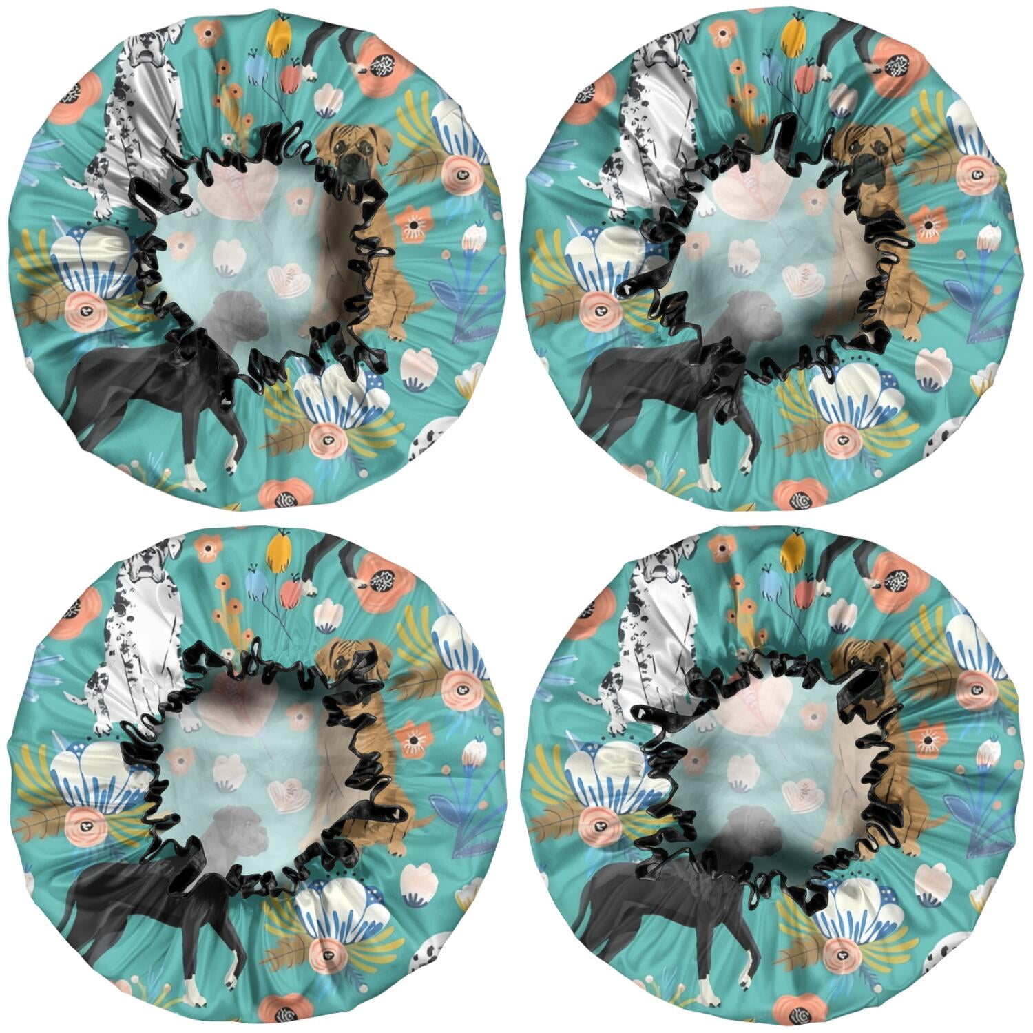 Shower Caps,Dog Pattern with Pioneer Flower Background Waterproof Shower Cap for Women 4 Pieces,Double Reusable Hair Cover for Shower PEVA Elastic Stretch Hem