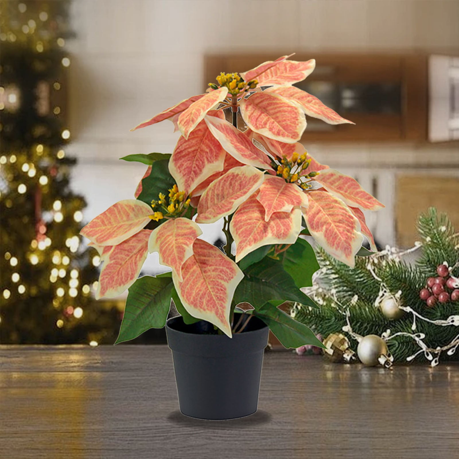 Mini Poinsettias Artificial Plants with Pot, 12.6" Faux Small Christmas Flowers in Pot for Home Office Tabletop Indoor Christmas Decorations