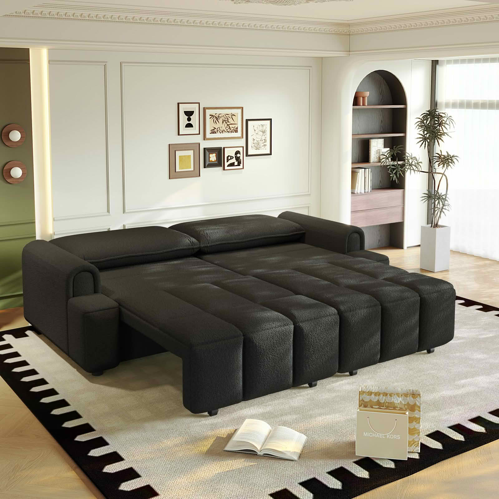 MAYEERTY Modern 90.2‑Inch 4‑Seater Sherpa Fleece Sofa, King‑Size 3‑in‑1 Convertible Sleeper Sofa Bed with Built‑in Seat Storage and 2 Decor Pillow