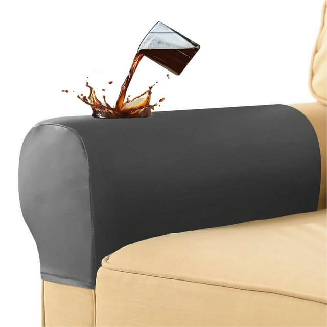 PU Leather Stretch Armrest Covers, Waterproof Arm Slipcovers with Twist Pins(2pcs,Gray)