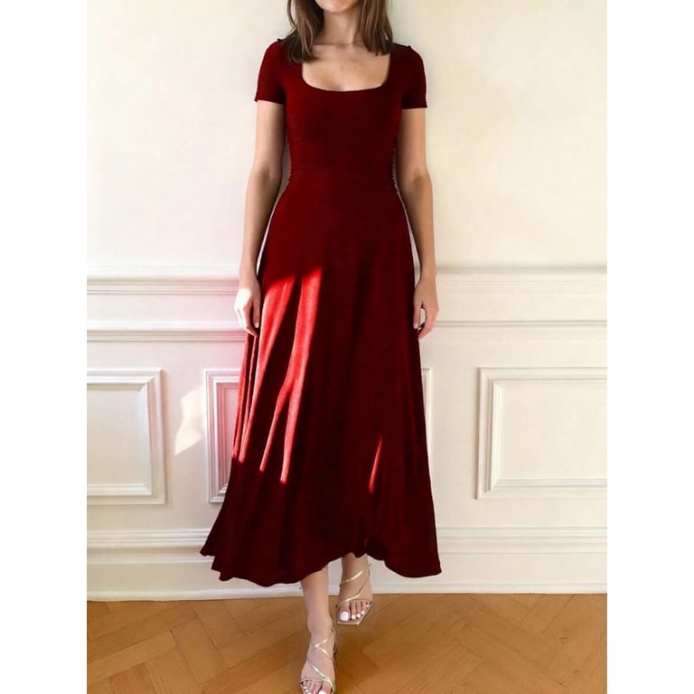 Burgundy Short Sleeve Square Neck Midi Dress For Women, Slim Fit A-Line Elegant Casual Dress