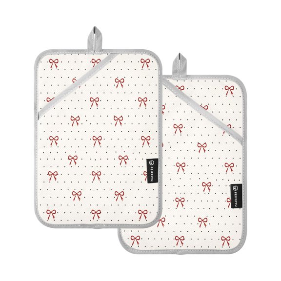Two Pieces Of Square Heat Insulation Pad Oven Mitts Red Bow Tie 7x9.8 Inch Oven Microwave Kitchen Cooking Baking