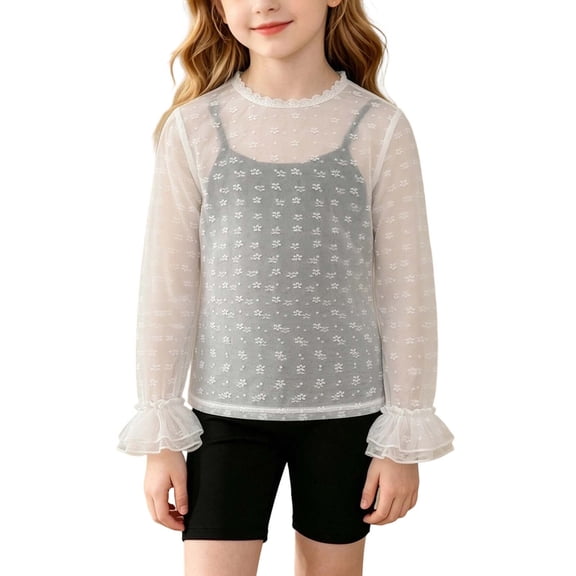ShomPort Girls Mesh Tops Sheer Lace Long Sleeve Cover up See Through Blouses Layering Tops 2-11 Years