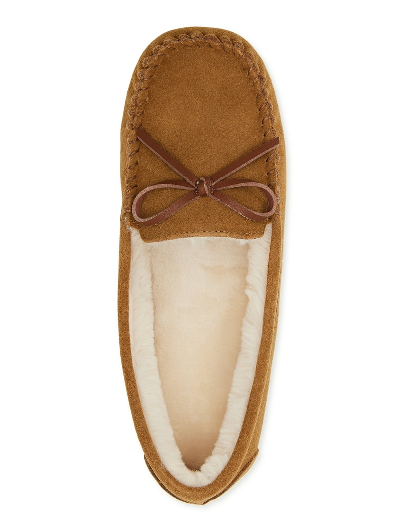 Joyspun Women's Suede Moccasin Slippers, Wide-Width, Indoor