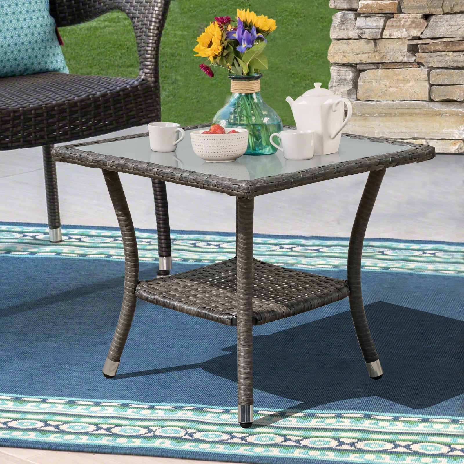 Rattan Coffee Table with Tempered Glass Top Indoor Garden Bistro Table Decoration Patio Wicker Side Table Outdoor 