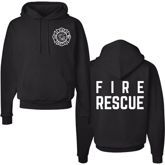 Fire Rescue Team Double Sided Hoodie Sweatshirt Printed Firefighter Dept. First Responder Warm Hooded Pullover (Black, Large)