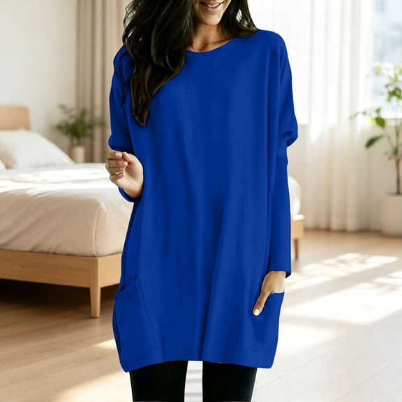 Harpily Long Sleeve Shirts for Women Crew Neck Tunic Length Loose Fit with Side Pockets Fall Outfits for Women Casual Daily Weekend Outfits