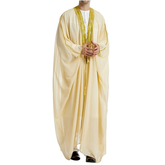 hopeusnice Men's Muslim Jubba Thobe Long Sleeve White Embroired Robe Islam Kaftan Dubai Arabic Saudi Arabian Dishdasha Beige L