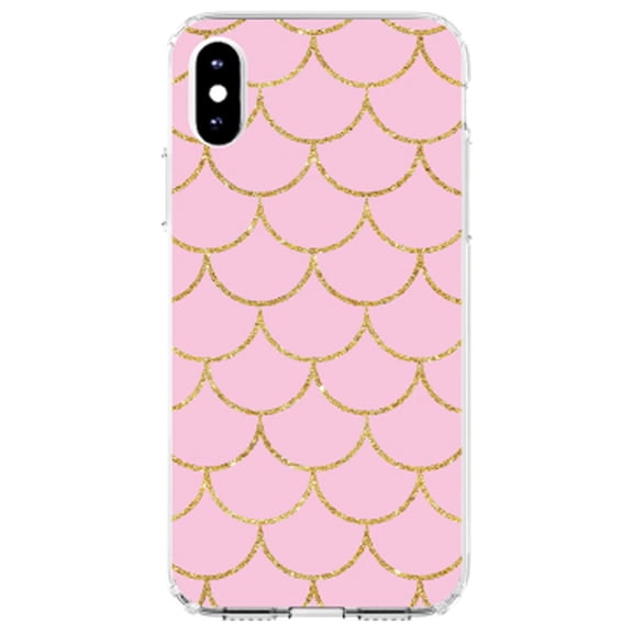 DistinctInk Clear Shockproof Hybrid Case for iPhone XR (6.1" Screen) - TPU Bumper, Acrylic Back, Tempered Glass Screen Protector - Pink & Gold Print - Scalloped Pattern