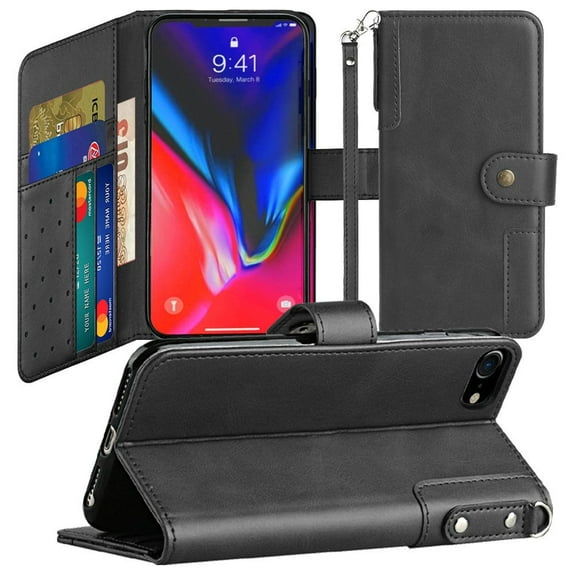 For iPhone SE 3 (2022) SE/8/7 Retro Wallet Card Holder Case Cover - Black