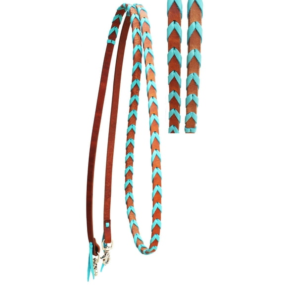 Horse Western Challenger Leather Turquoise Laced Barrel Contest Reins 6686