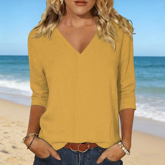 SwiftWear 3/4 Length Sleeve Womens Tops Linen V Neck Plain T Shirts Casual Basic Tees Summer Spring Blouses Loose Fit Pullover