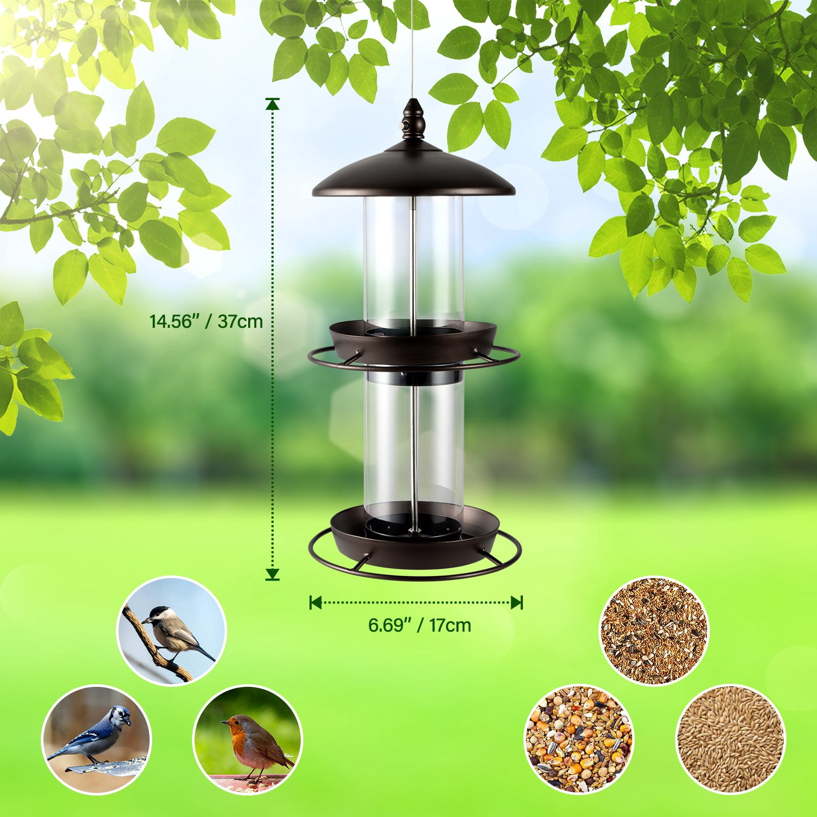 2-Tier Bird Feeder with Sure-Lock Cap and Hanging Hook, Wild Bird Feeders - 4.5 lb Seed Capacity