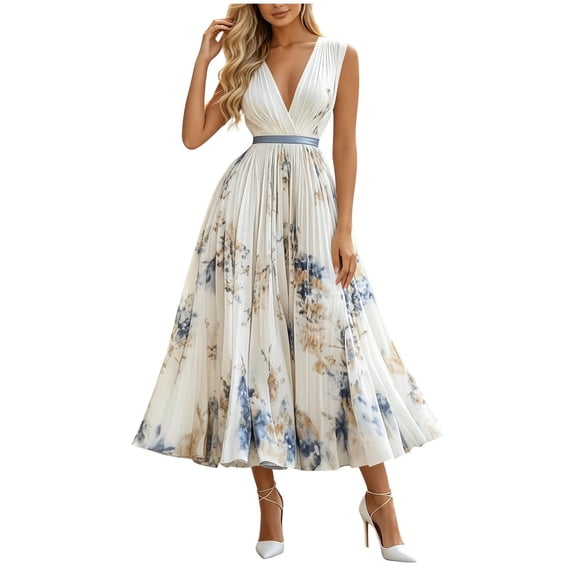 Amzcrzy Maxi Dresses for Women Summer Sleeveless Floral Pleated Dress Deep V Neck formal Wedding Guest Dresses for Women Fitted At The Waist Flowy Vacation Outfits White S