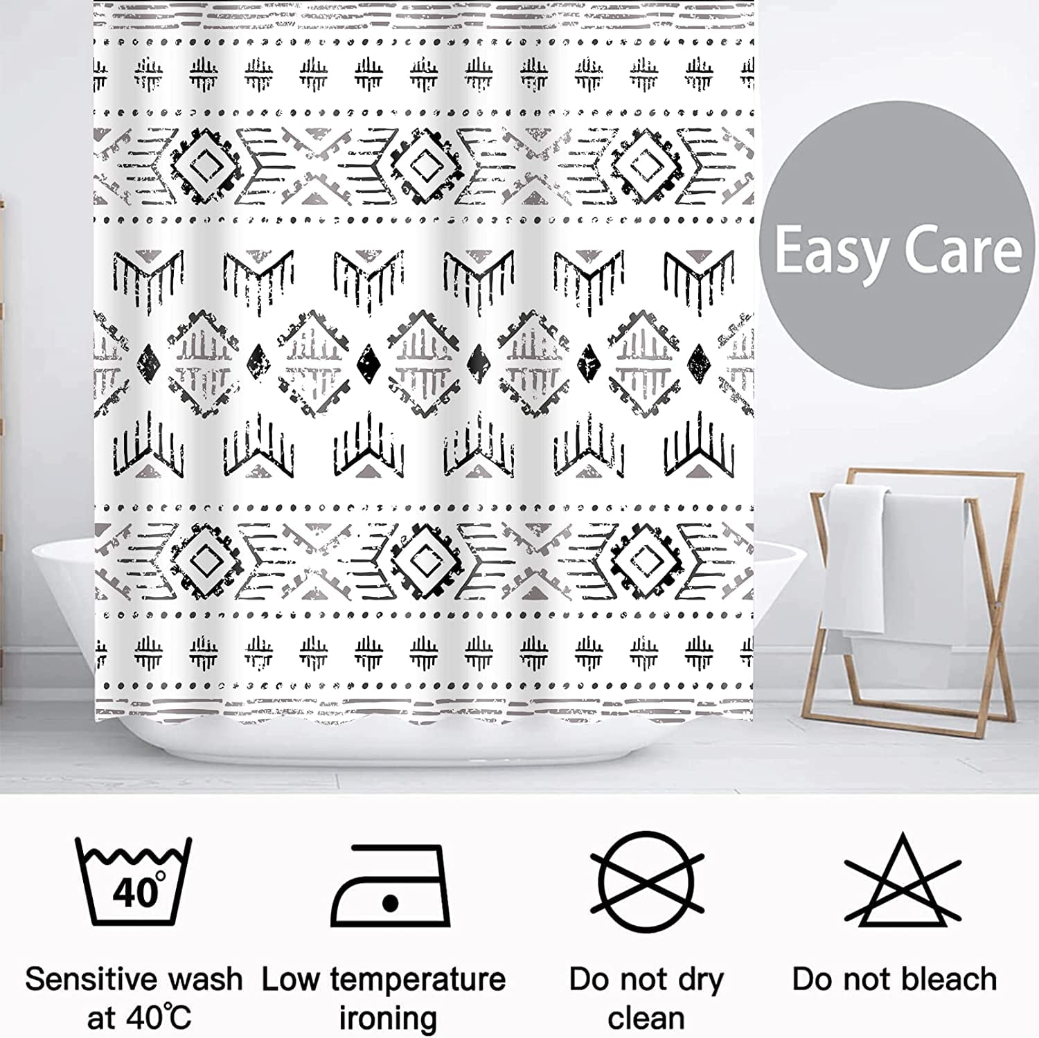 Black White Boho Shower Curtain Set, Modern Farmhouse Geometric Shower Curtain, Bohemian Tribal Chic Shower Curtain for Bathroom Decor with 12 Hooks 72x72in,Water Repellent